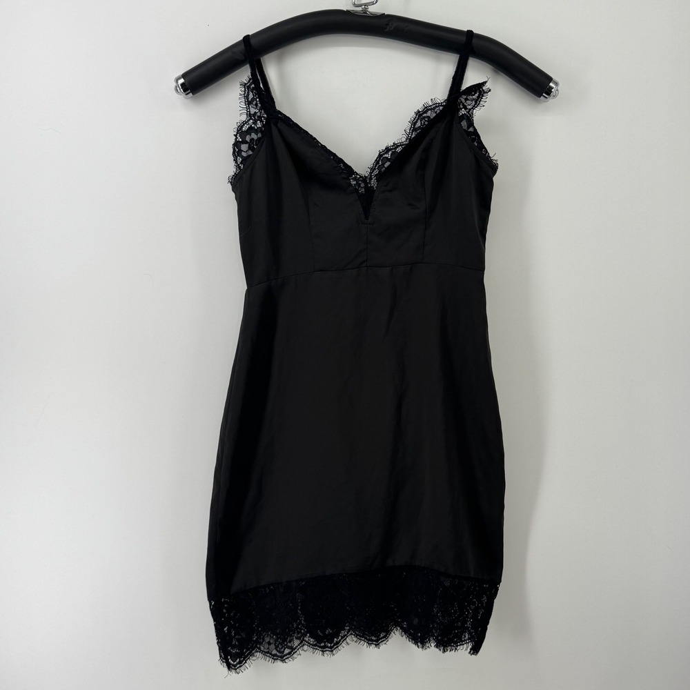 Lovers + Friends Black Satin Lace Trim Mini Dress Small V-Neck Spaghetti Strap